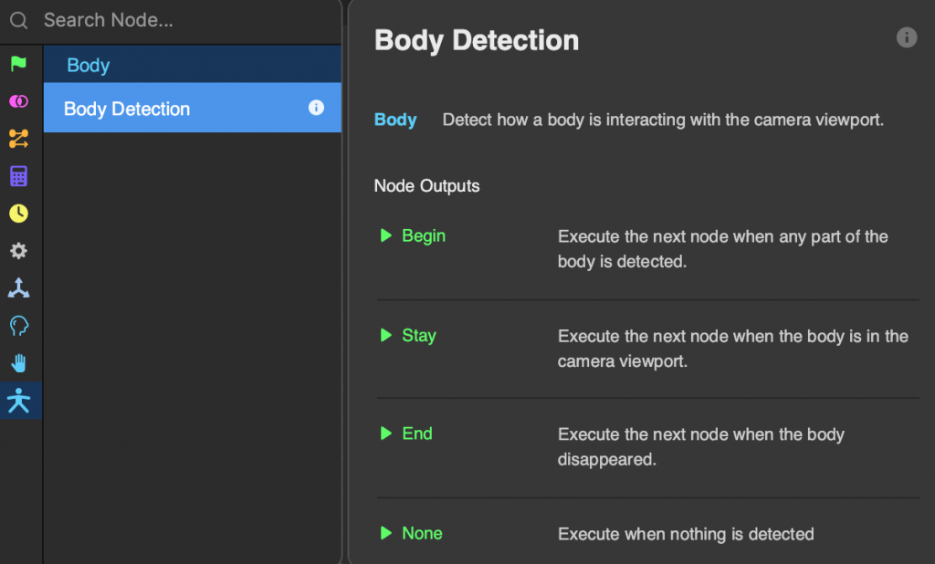 A menu with the Body Detection node's information