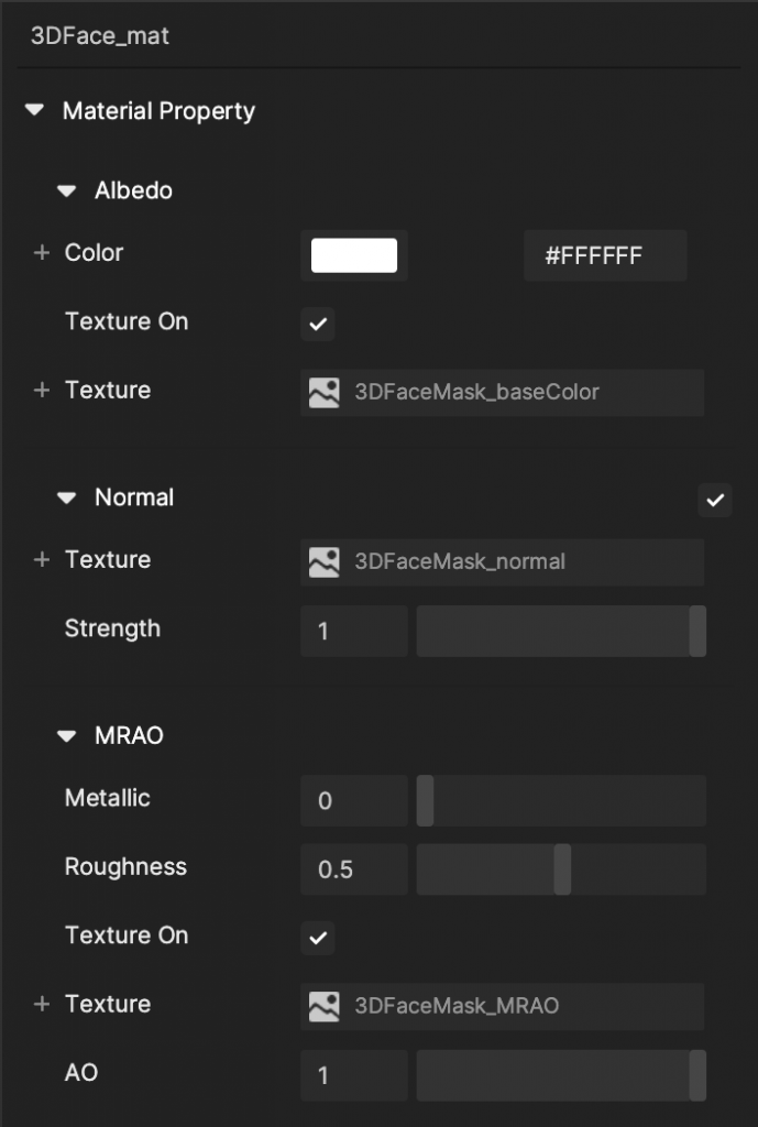 Inspector panel for 3DFace_mat open with texture set to on for Normal and MRAO