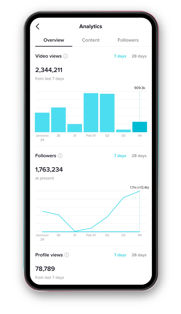 Phone screen displaying TikTok Analytics data. 
